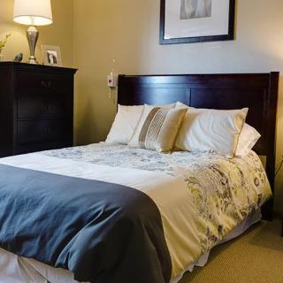 A cozy bedroom featuring a neatly made bed with pillows, a duvet, and a bedside lamp.