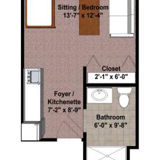 Studio apartment floor plan featuring a sitting/bedroom area, kitchenette, closet, and bathroom.