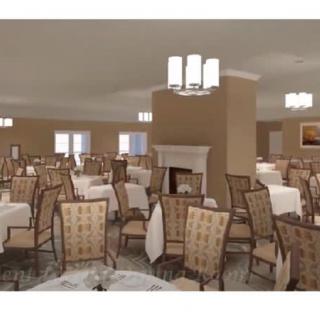 An elegant dining room with neatly arranged tables and chairs under soft lighting.
