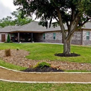 A single-story house with well-maintained landscaping and a large tree in the front yard.