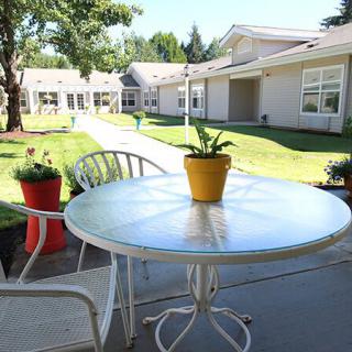A sunny outdoor patio with a glass table, surrounded by potted plants and a well-maintained lawn in front of a building.