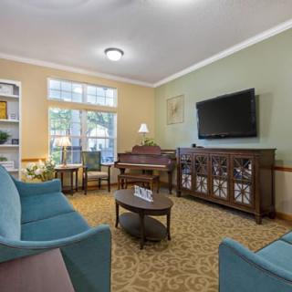 A cozy living room with a TV, sofas, and decorative elements.