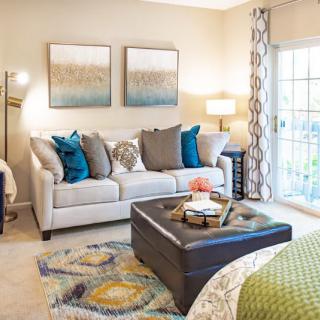A cozy living room with a light-colored sofa, decorative cushions, and a central coffee table adorned with accessories.