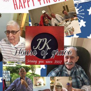 A collage capturing a cheerful 4th of July celebration at JK Homes of Grace, featuring residents enjoying the day.