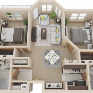 A 3D floor plan of an apartment featuring two bedrooms, a living room, kitchen, and two bathrooms.