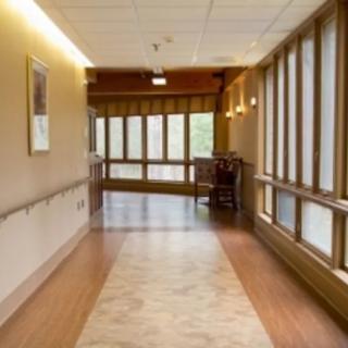 A well-lit corridor with wooden floors and large windows.