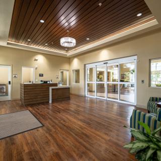 A modern lobby with wood flooring and a welcoming reception desk.