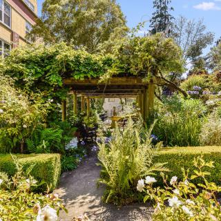 A lush garden featuring a gazebo surrounded by vibrant greenery and flowers.