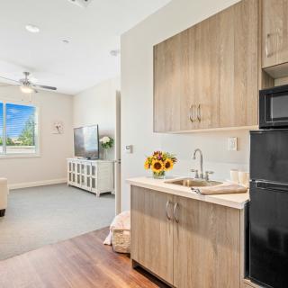 A modern apartment interior featuring a kitchenette and living room with contemporary decor.