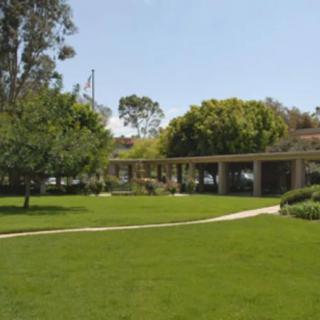 A serene garden with a lush green lawn and surrounding trees, featuring a curving pathway under a clear blue sky.
