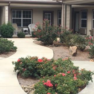 A beautifully landscaped garden with a winding pathway and blooming flowers in front of a house.