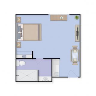 A simple floor plan of a small apartment including a bedroom, living area, kitchen, and bathroom.