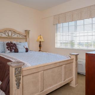 A cozy bedroom with a large bed, decorative pillows, and natural light from the window.