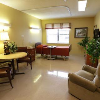 A cozy and well-lit hospital patient room featuring a bed, seating area, and plants for a calming atmosphere.