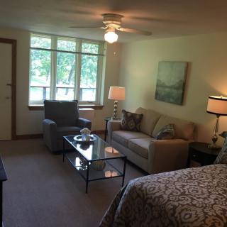 Cozy living room with a sofa, armchair, and coffee table.