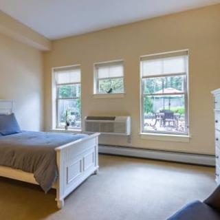 A minimalist bedroom with a single bed, large windows, and ample natural light.