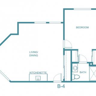 Floor plan of a one-bedroom apartment with living/dining area and bathroom.
