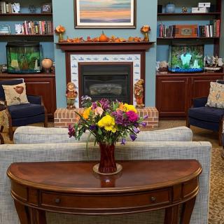 A cozy living room with a fireplace, surrounded by bookshelves and decorated with colorful flowers.