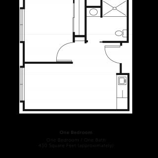 Floor plan of a one-bedroom apartment with visible kitchen and bathroom.