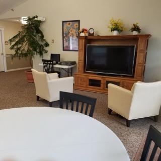 A cozy living room with a TV, comfortable chairs, and indoor plants.