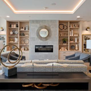 A modern living room with stylish decor, featuring a central fireplace and built-in shelves.