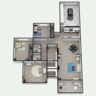 3D floor plan of a modern residential house layout.