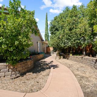 A scenic garden path lined with trees and greenery beside a house.
