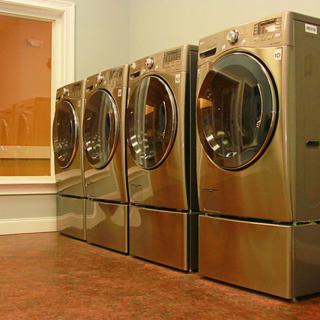 A row of modern washing machines in a laundry room.