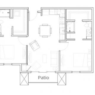A simple architectural floor plan showing a residential layout with rooms and a patio.