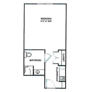 A floor plan of a studio apartment featuring a bedroom, bathroom, closet, and kitchen area.
