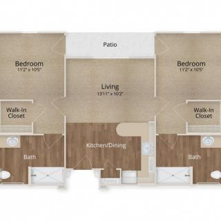 A two-bedroom apartment floor plan with walk-in closets, a living room, kitchen, dining area, and patio.