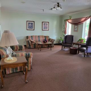 A cozy living room with sofas, armchairs, and decorative elements.