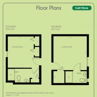 Floor plans for two studio apartment layouts showcasing efficient use of small spaces.