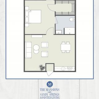 A floor plan of a one-bedroom apartment featuring a living room, kitchen, and bathroom.