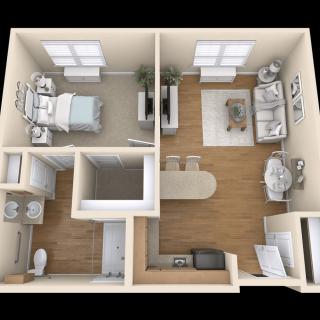 A 3D floor plan of a one-bedroom apartment showing the layout with a bedroom, bathroom, living area, and kitchen.