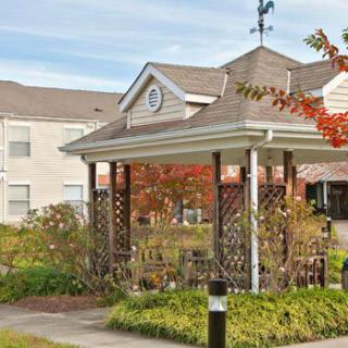 A charming gazebo in a suburban garden setting during autumn.