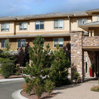 A modern hotel exterior with stone accents and landscaped surroundings.