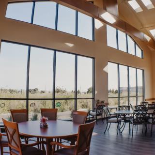 A bright and airy cafe interior with large windows overlooking a scenic landscape.
