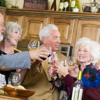 A group of elderly friends making a toast with wine glasses in a kitchen setting.