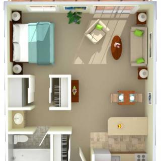 A detailed floor plan of a one-bedroom apartment with a kitchen, living area, and bathroom.