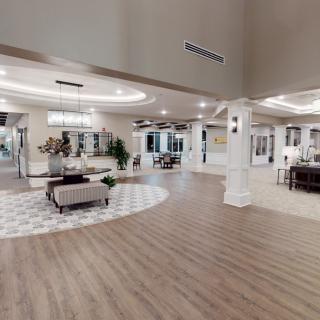 A modern and spacious lobby with stylish interior design.