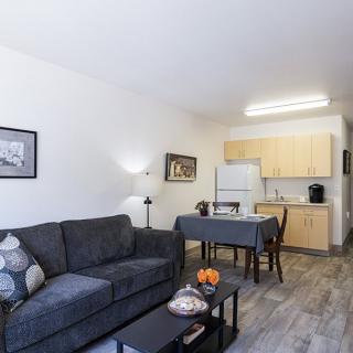 A modern apartment living room with a cozy sofa and a small kitchen area.