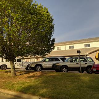 A view of parked cars beside a tree in front of a building.