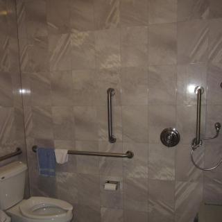 An accessible bathroom featuring grab bars and a shower area.