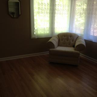 A cozy armchair sits in an empty, sunlit room with hardwood flooring.
