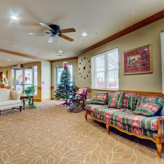 A warmly decorated living room featuring a Christmas tree and patterned sofas.