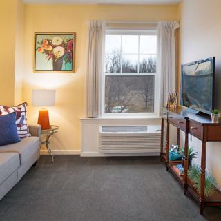 A cozy living room with a comfortable sofa, television, and decorative elements like pillows, a lamp, and artwork.