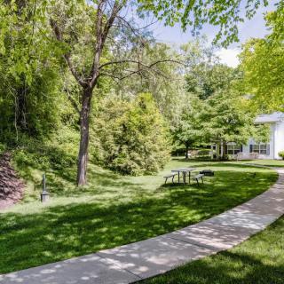 A scenic pathway surrounded by lush greenery and trees on a sunny day.