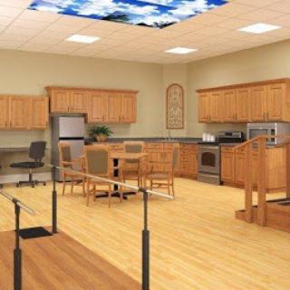 Modern kitchen interior with wooden cabinets and dining area.