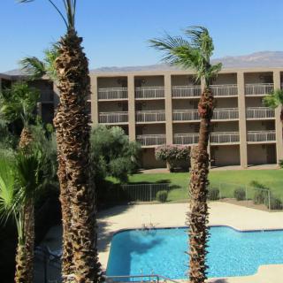 A hotel with a swimming pool surrounded by palm trees and greenery.